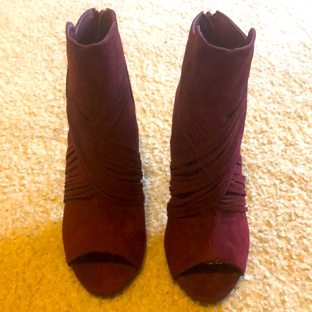Wine open toe booties